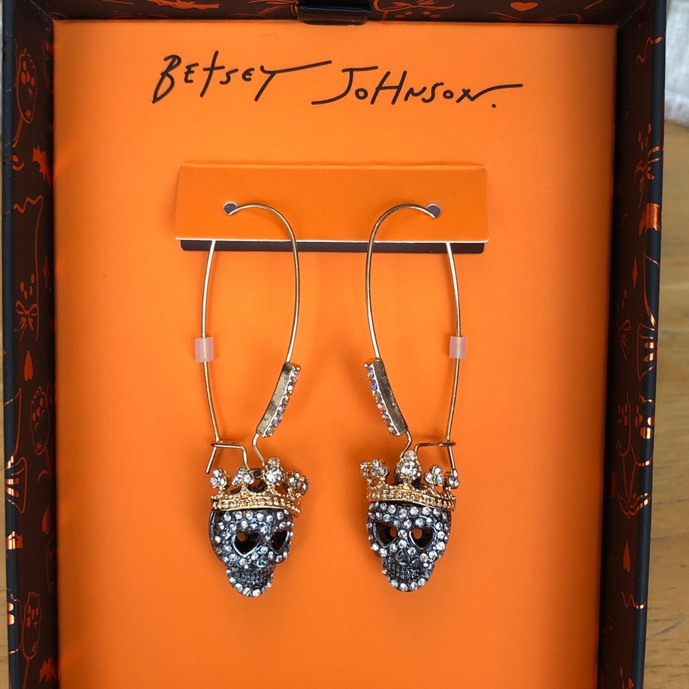 Betsey Johnson Gold Tone & Gunmetal Tone Skeleton King Drop Earrings Crystal NIB
